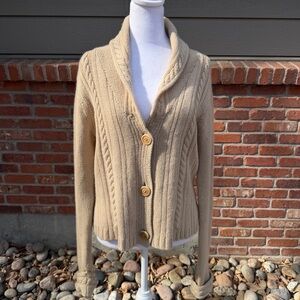 FOLIO New York Cableknit Cashmere Cardigan Tan Size XL Shawl Collar Button Thick